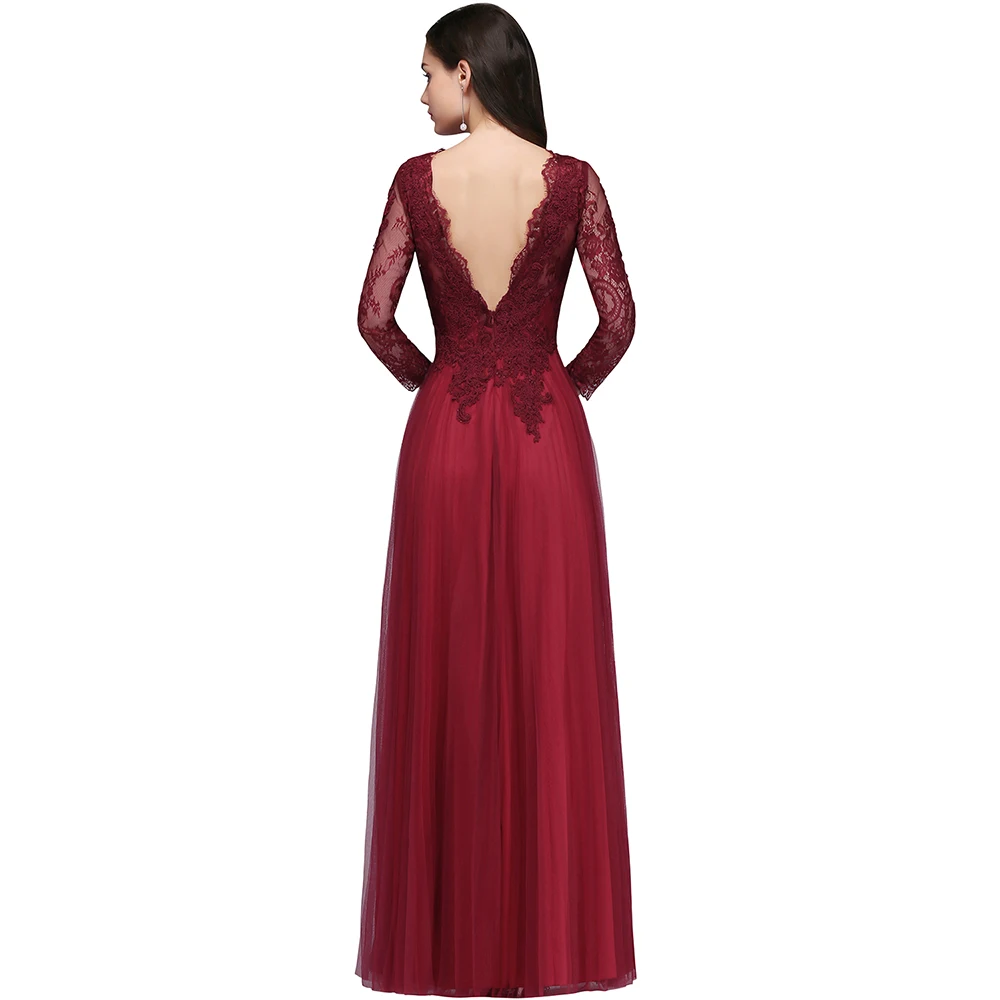 Robes de soiree вечернее платье бургундское кружево Тюль длинный рукав Формальные Вечерние платья Длинные vestido de festa Новинка
