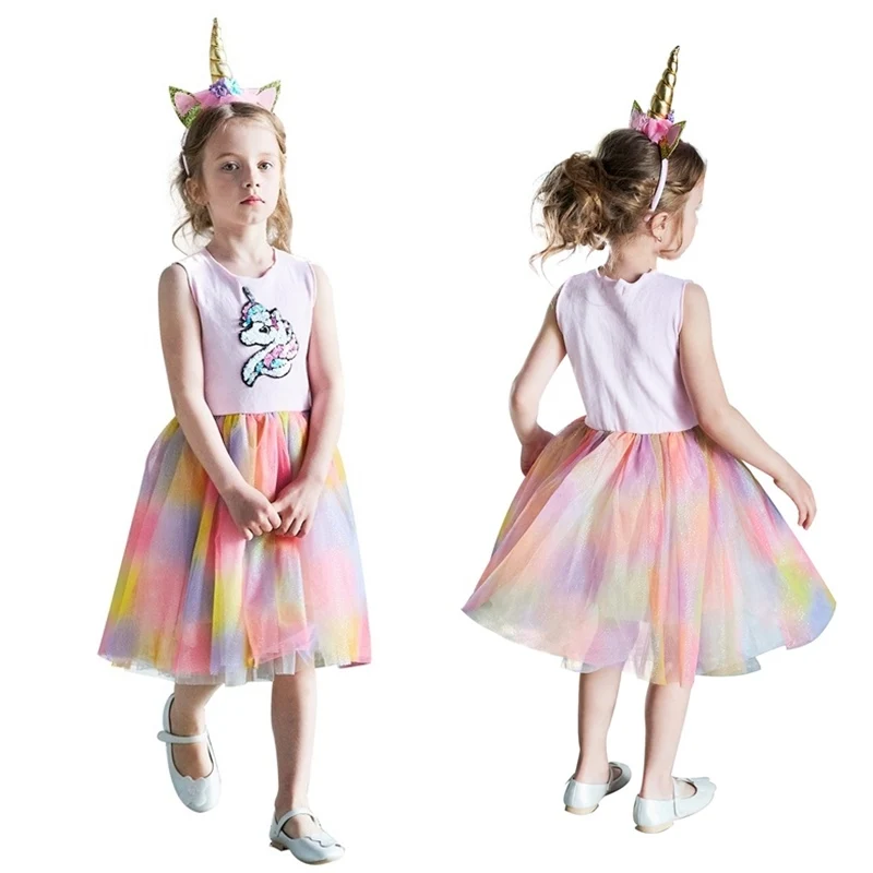 Летние для маленьких девочек Розовое платье костюм единорога Детские платья
