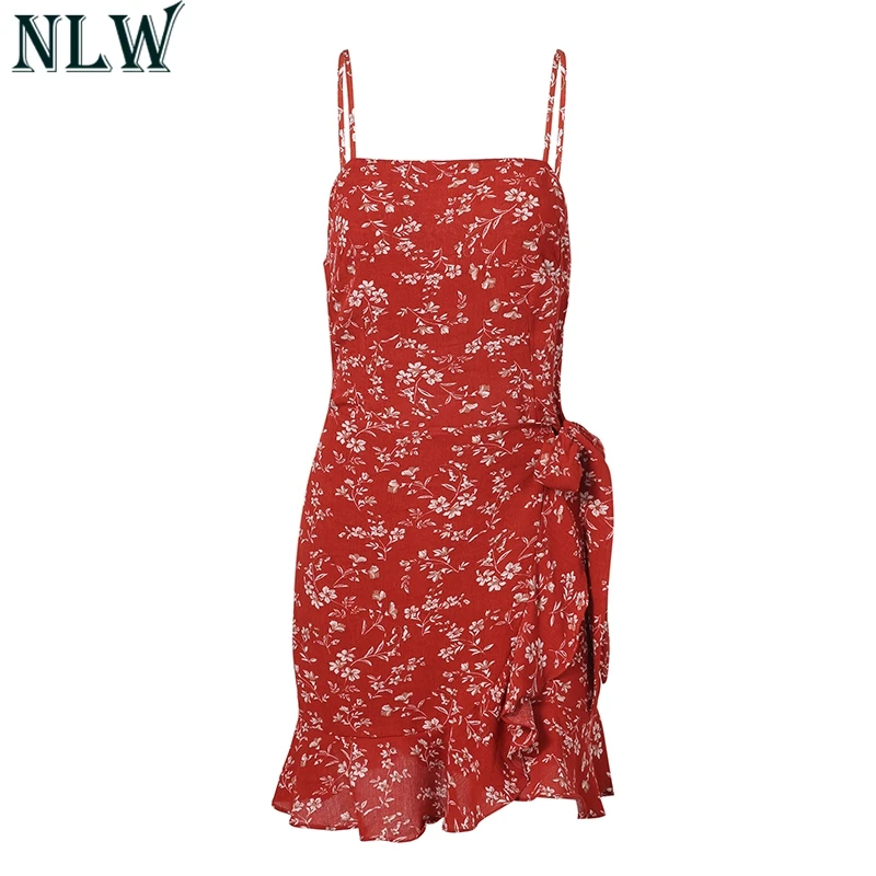 NLW Boho печати Мини Летнее платье Спагетти ремень с открытой спиной обертывание 2019