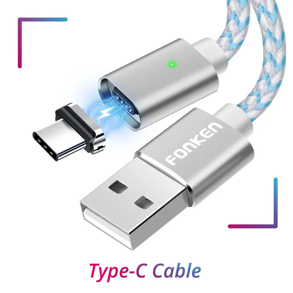 Магнитный кабель FONKEN Micro usb type-C, 1 м, 2 м, магнитный usb-кабель, 3 А, быстрая зарядка для зарядного устройства телефона, кабель type-C, мобильный светодиодный кабель для передачи данных - Цвет: Type C Cable White
