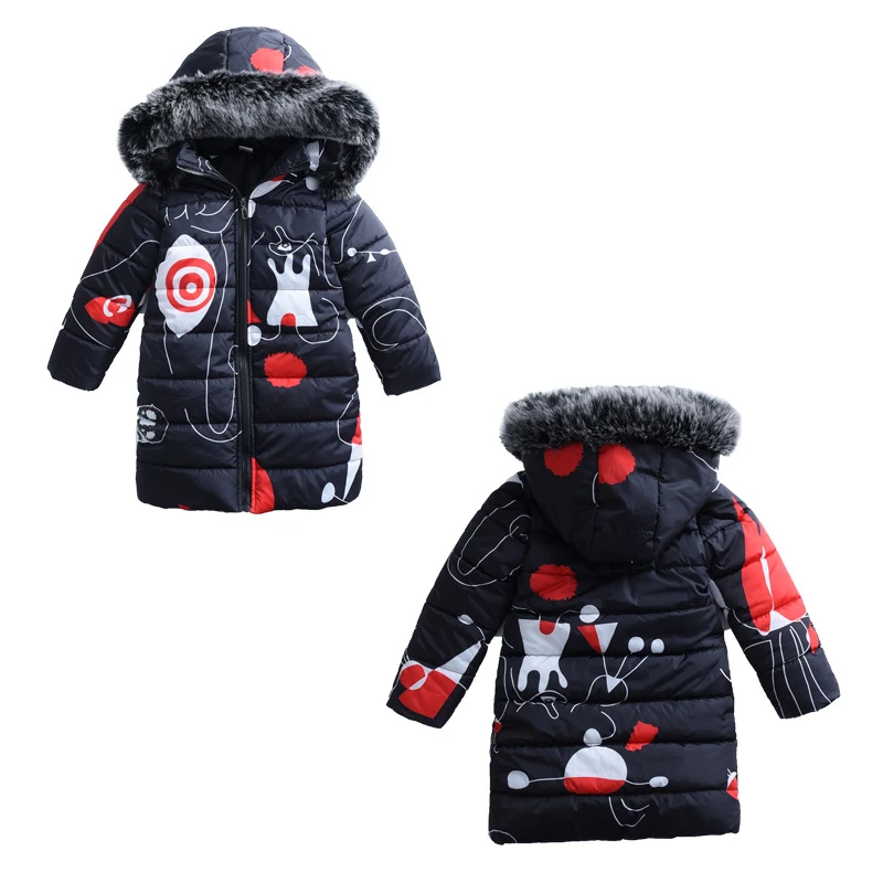 Модные зимние новые утепленные куртки Длинная Куртка с граффити для девочек