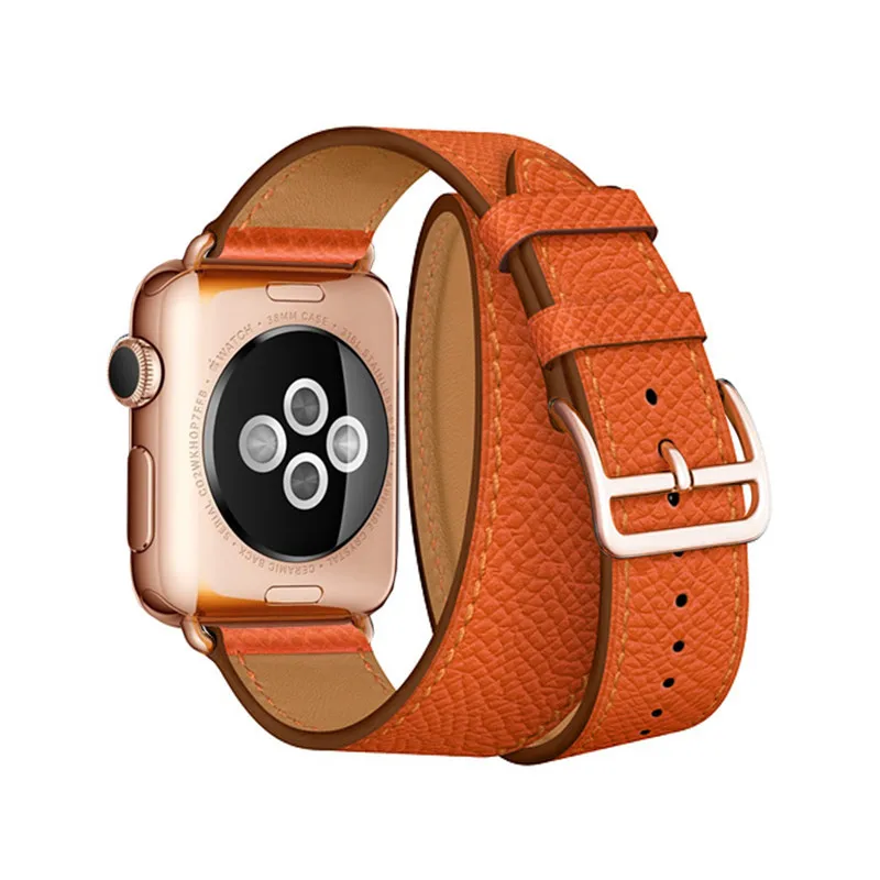 Orange Ремешок с пряжкой из розового золота для Apple Watch, ремешок серии 5, 4, 3, 2, 44 мм, 40 мм, 42, 38 мм, Свифт кожаный двойной браслет для iWatch - Цвет ремешка: Orange
