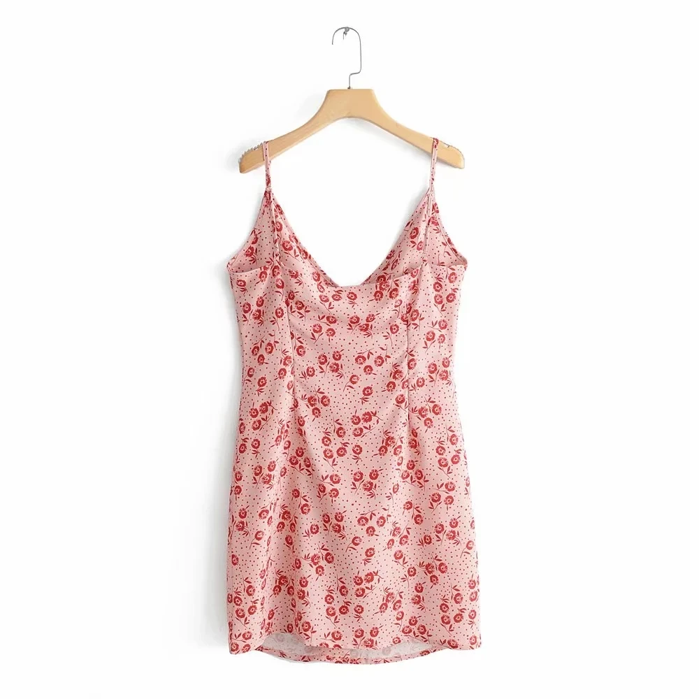 Женское платье на бретельках винтажное мини с цветочным принтом и пуговицами