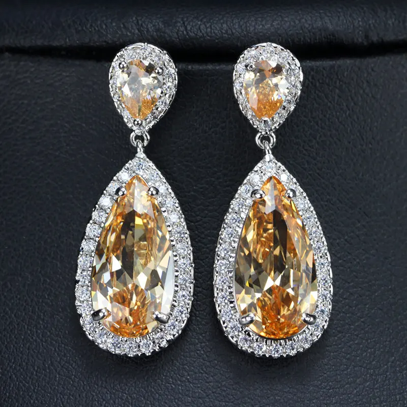 champagne CWWZircons 7 цветов Классический дизайн капли воды серебряный цвет шампанского золото кристалл Женские Висячие серьги с камнями CZ CZ078 - Окраска металла: champagne