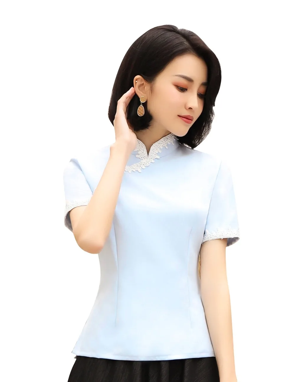 Шанхай история короткий рукав искусственный шелк cheongsam топ решетка Традиционный