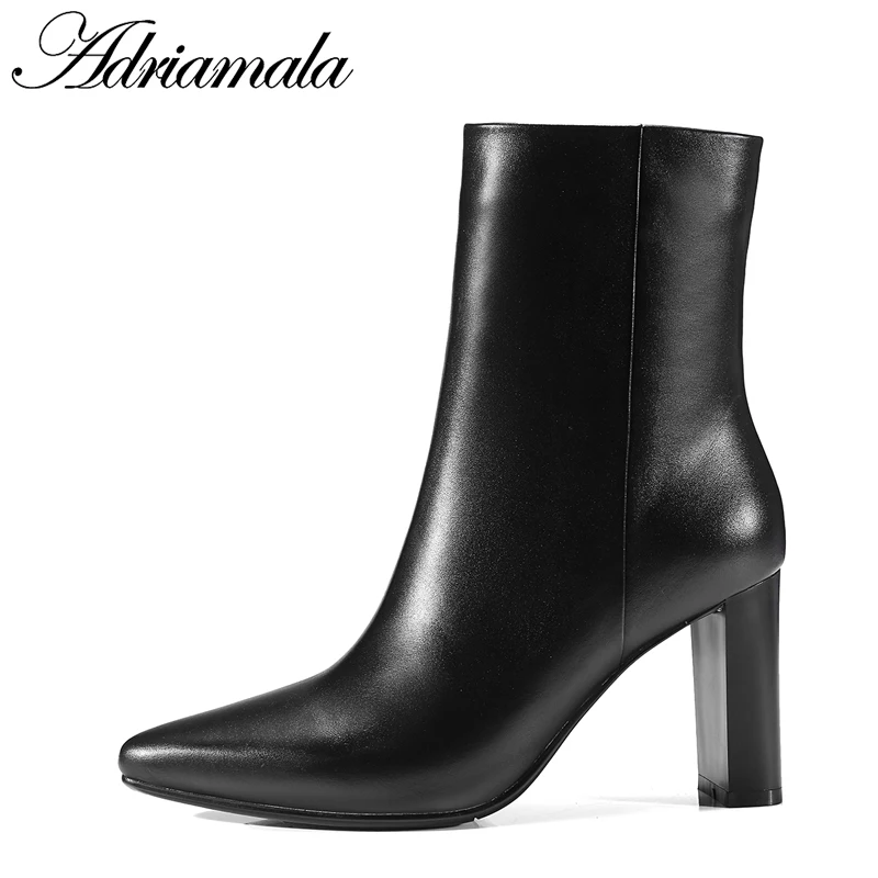 2018 Genuine Leather Ladies High Heel Boots Mid-calf Zip Pointed Toe Round Heels Cow For Women Adriamala | Обувь