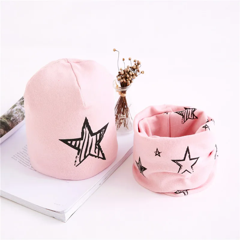 star pink Модный детский комплект из шапки и шарфа с принтом со звездой; милая шапка с совой и лебедем для девочек; хлопковый шарф для мальчиков; детская шапка; комплект из шапки и шарфа для маленьких девочек - Цвет: star pink