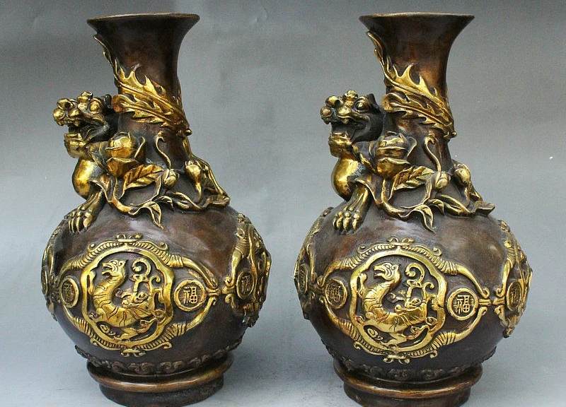 Китайская династия дворец бронзовая позолота &quot&quot Дракон зверь бутылка ваза