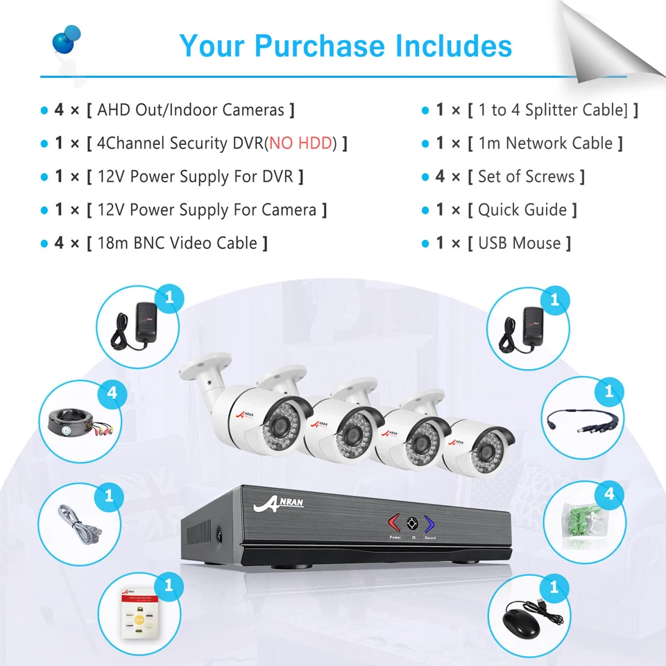 ANRAN наблюдения 4CH HD 1800N AHD DVR 1800TVL 720 P 36IR День Ночь Открытый Водонепроницаемый видео