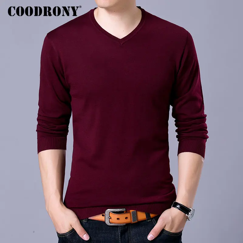Красный COODRONY Brand Sweater Men Knitwear Pull Homme Streetwear Classic Casual V-Neck Pullover Men Autumn Winter Woolen Sweaters 91054 - Цвет: Красный