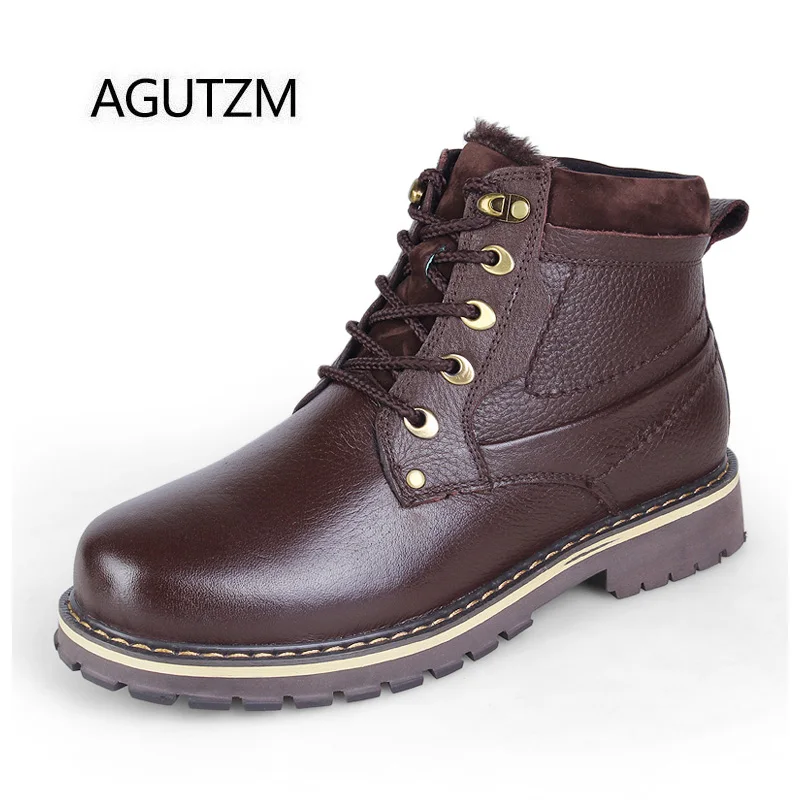 AGUTZM 8988 Fashion Lace Up 100% Genuine Leather Men's Winter Boots Soft Cow Warm Plush Ankle Plus Size : 37-50 |
