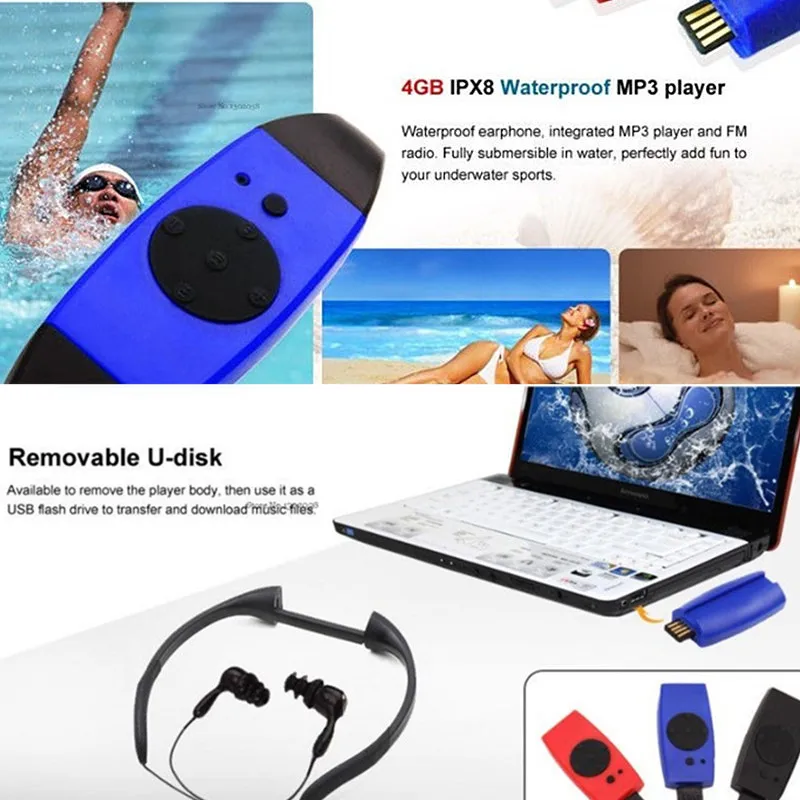 IPX8 музыкальный плеер 8 ГБ водонепроницаемые спортивные MP3 плавание с FM радио