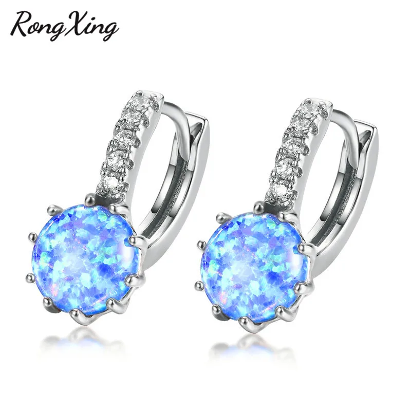 RongXing, 8 мм, круглый камень, 925 серебро, опал, серьги-кольца для женщин, розовое золото, заполненные кристаллами, циркон, серьги, подарок на день Святого Валентина - Окраска металла: Silver Blue