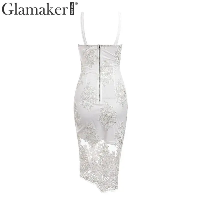 Glamaker, сексуальный сетчатый прозрачный сарафан с вышивкой, женское элегантное белое вечернее платье, летнее облегающее платье с высокой талией, платья без рукавов