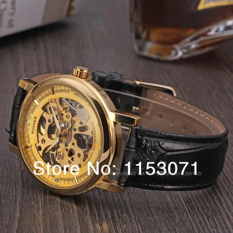 Мужские наручные часы Winner модные золотые с коробкой для часов бесплатная