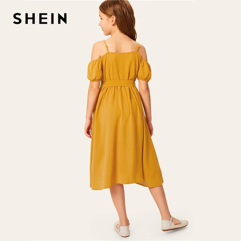SHEIN/детское однотонное платье для девочек с открытыми плечами и одной пуговицей спереди, с поясом, платье в стиле бохо,, летние платья миди с короткими рукавами для отдыха