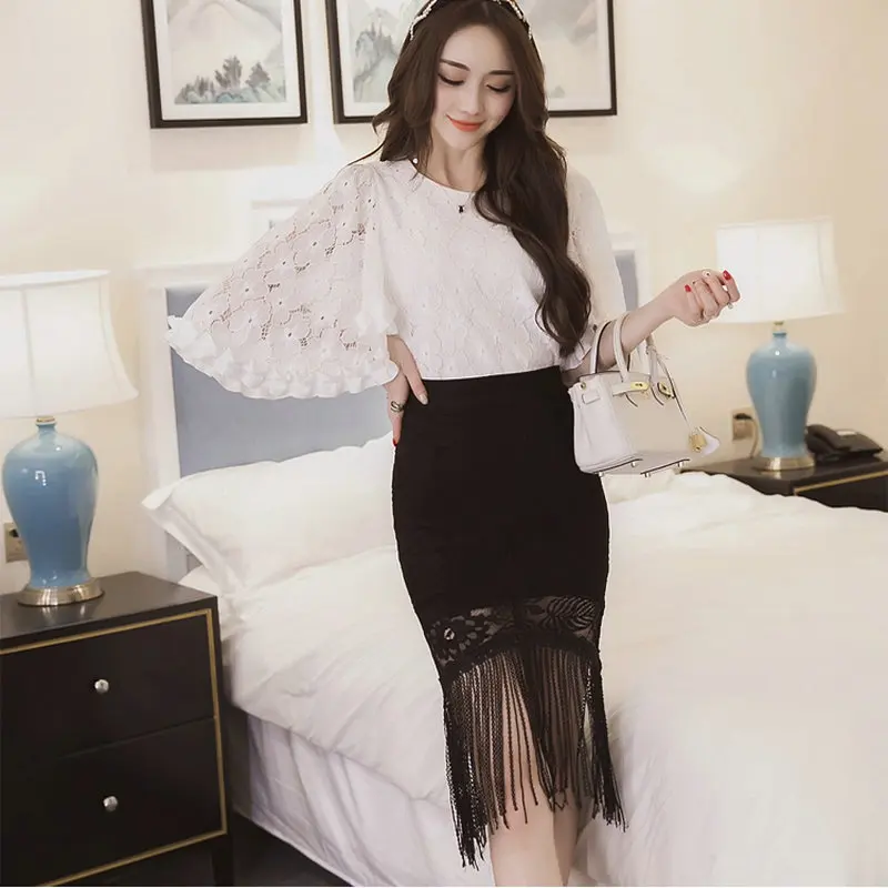 Женская короткая кружевная юбка-карандаш с кисточками и высокой талией | одежда