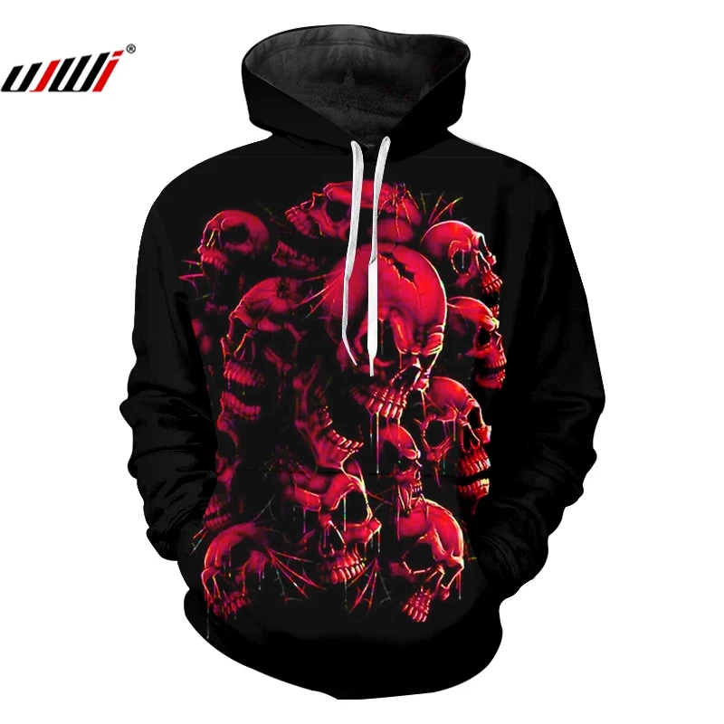 Мужская толстовка с капюшоном UJWI черная 3D-принтом красных черепов уличная одежда