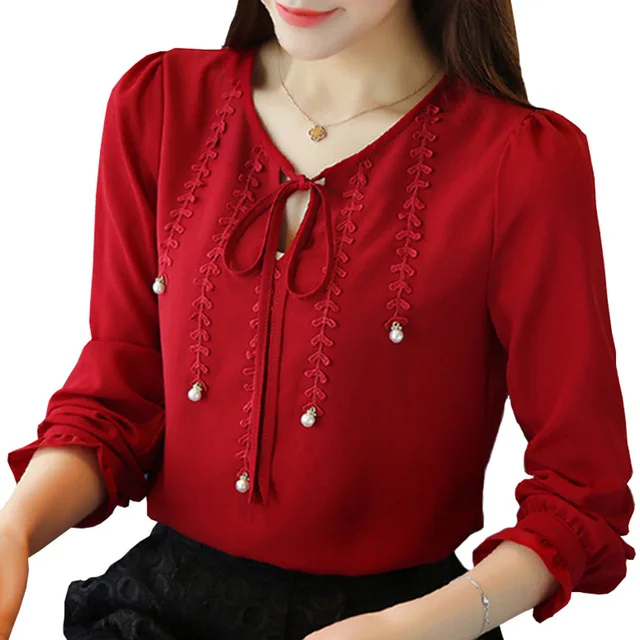 Женская шифоновая блузка рубашка длинный рукав лепесток блузы рубашки осенние