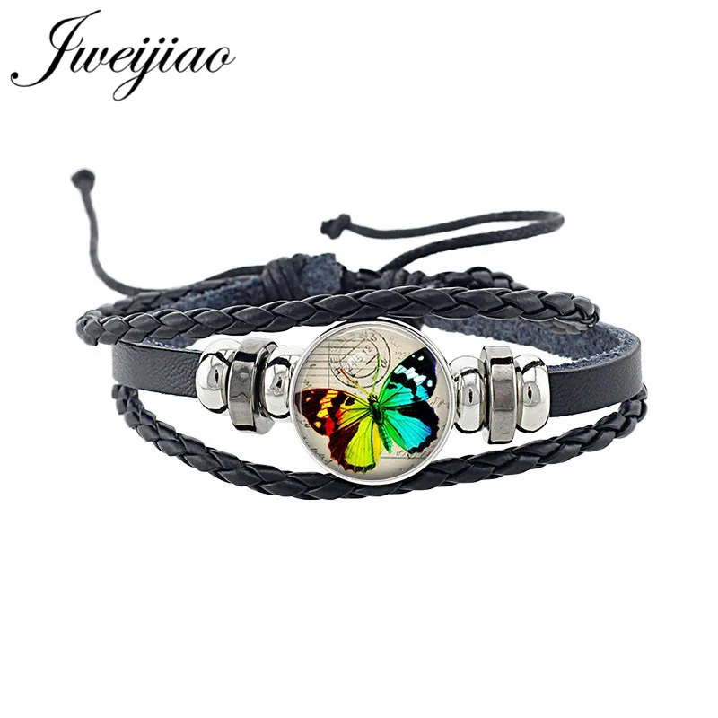 

JWEIJIAO Fashion Beautiful Butterfly Round Glass Pattern Bracelets Multi Layers Weave Black Leather Handmade Punk Jewelry B656