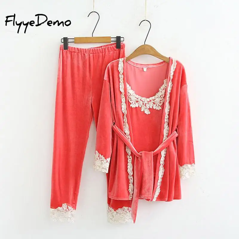 

5XL Brand Autumn Female Three Pieces Pajamas Sets Velvet Lace Patchwork Floral Velvet High Quality Nighties Bathrobe Plus Size