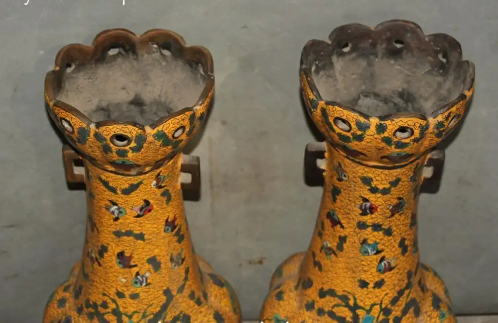Qing Dynasty Cloisonne Enamel Purple Bronze Fish Fishes Bottle Vase Jar Pair | Дом и сад