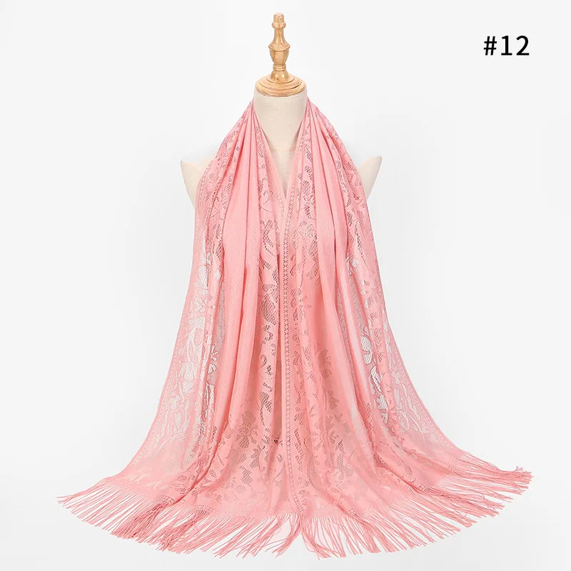 12 Pink Scarf Sparsil, Женский винтажный платок, полый, кружево, мусульманский хиджаб, повязка на голову с бахромой, 170 см, женский платок для свадебной вечеринки - Цвет: 12 Pink Scarf
