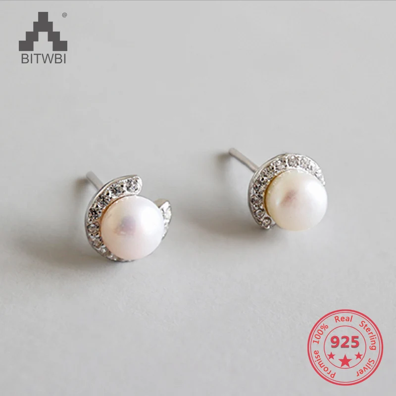

Classic Clear AAAA Zircon Circle 925 Sterling Silver Stud Earrings White Natural Pearl Brincos for Women Girl Party Gift