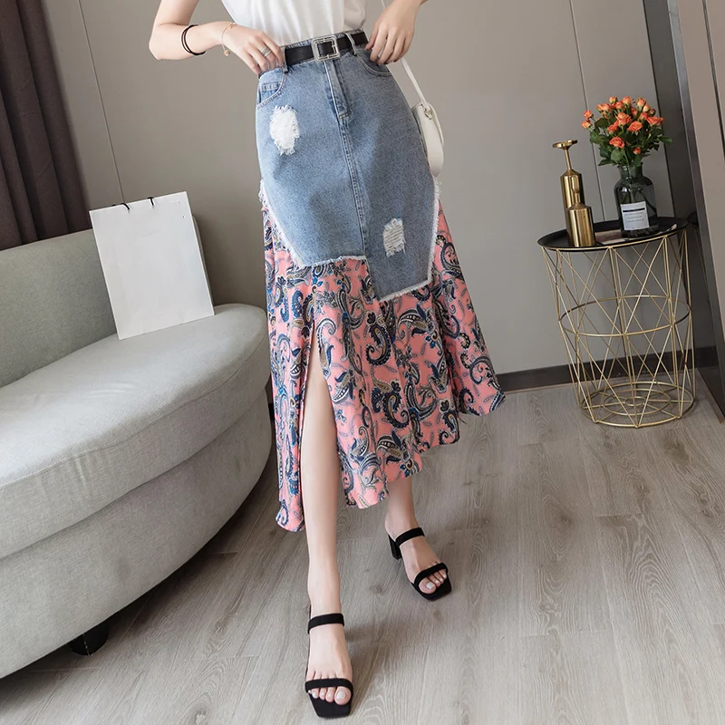 Fitaylor Летняя джинсовая Лоскутная шифоновая юбка с цветами Женская винтажная