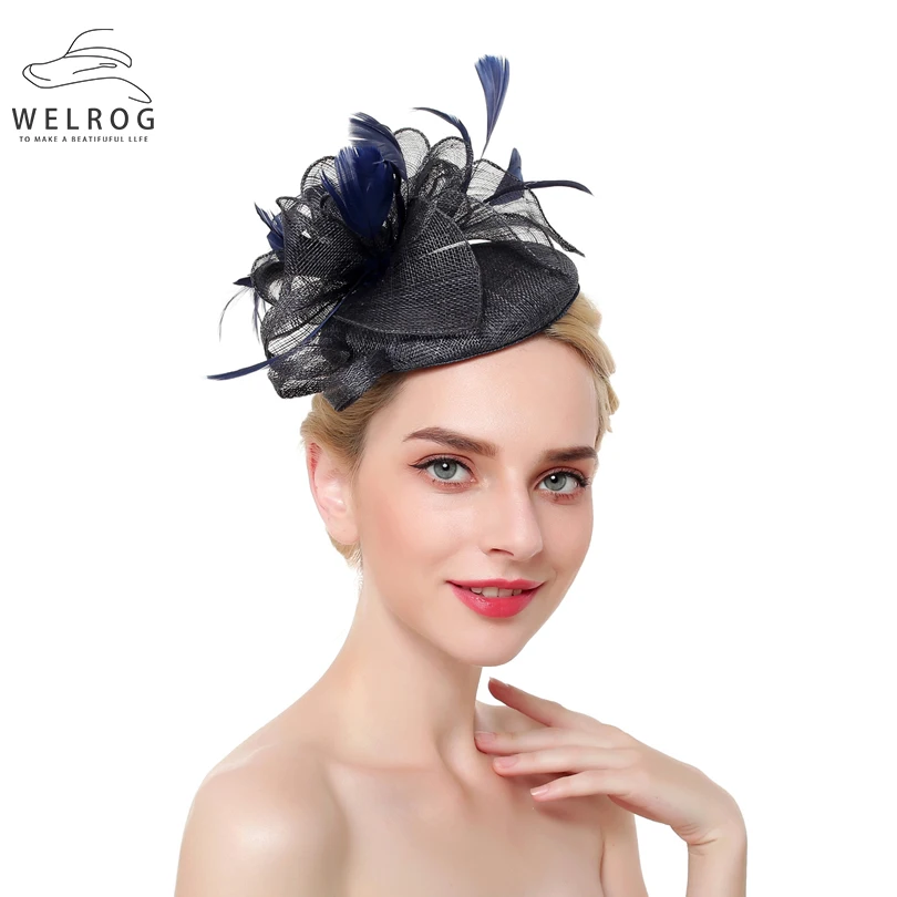 

WELROG Trendy Women Ladies Vintage Feather Fascinators Headband Hat Romantic Hair Clip Solid Mesh Ribbons Party Hair Accessories