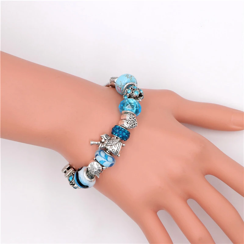 Женский браслет с шармами Angel Blue Crystal/Glass Beadas регулируемый бусинами|Браслеты