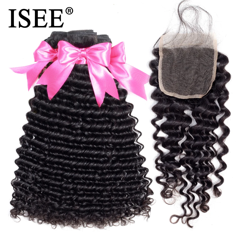 

3 Bundles Deep Wave Bundles With Closure 100% Human Hair Bundles With Closure 100% Remy ISEE Peruvian Hair Bundles With Closure