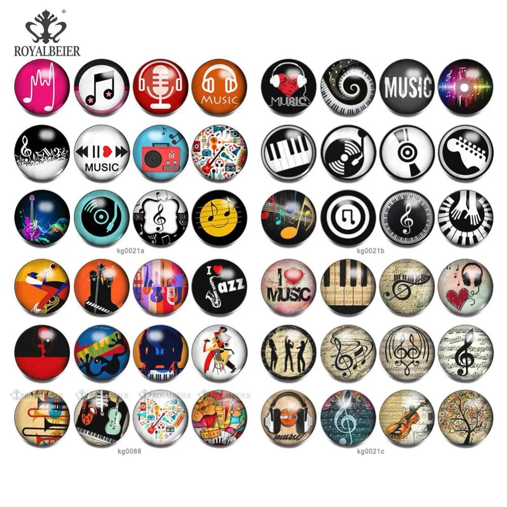 

ROYALBEIER Mixed 48pcs/lot musical note 18mm Glass Snap Button For Jewelry Glass Beads For Jewelry Making Wholesale mg011