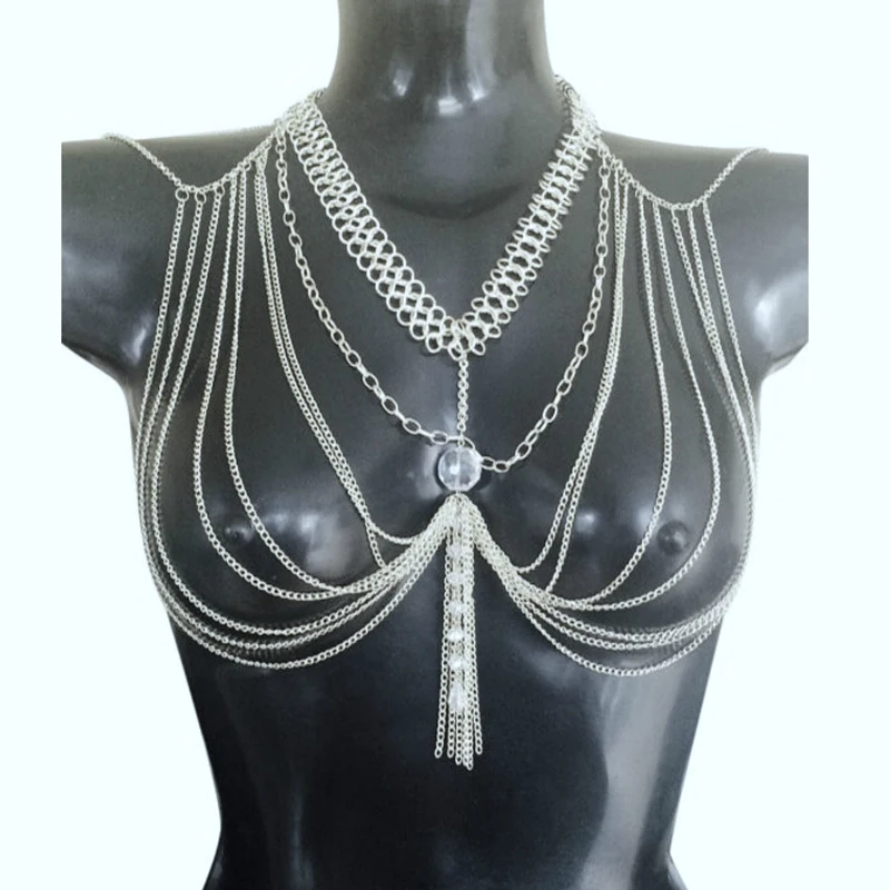 

Gold/ Halter Lingerie Sexy Showgirl Shoulder Necklace Exotic Bra Chain Harness Slave Full Body Chain Jewelry