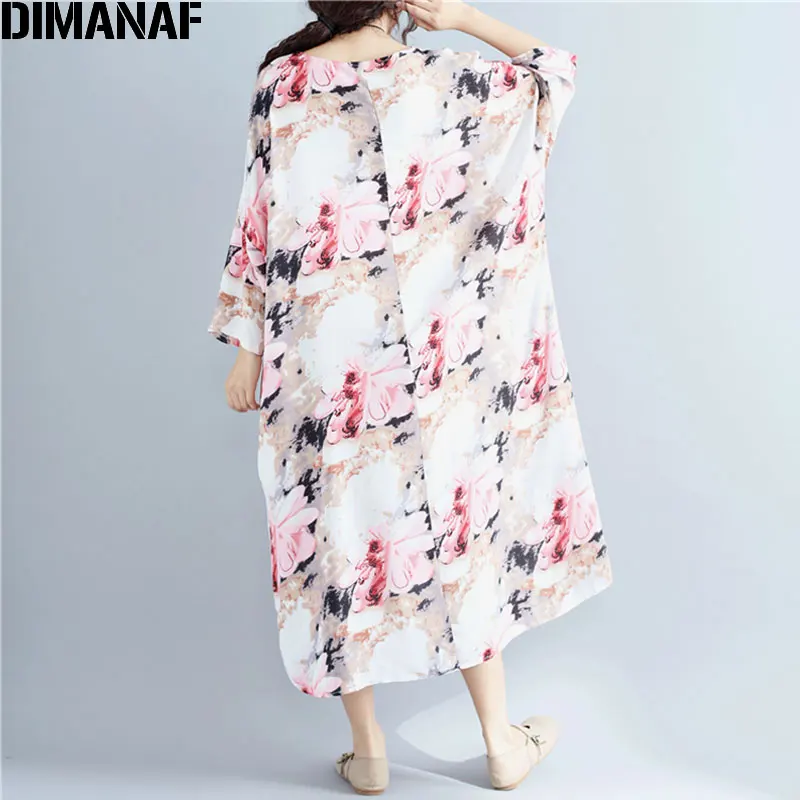 DIMANAF Plus Size Autumn Women Dress Linen Floral Print Vintage Casual Female O Neck Pink Oversize Elegant Large Thin 5XL|Женские