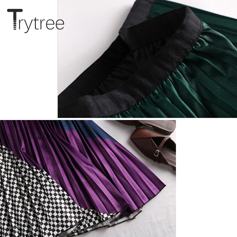 Женская плиссированная юбка Trytree Лоскутная клетчатая в полоску до середины икры