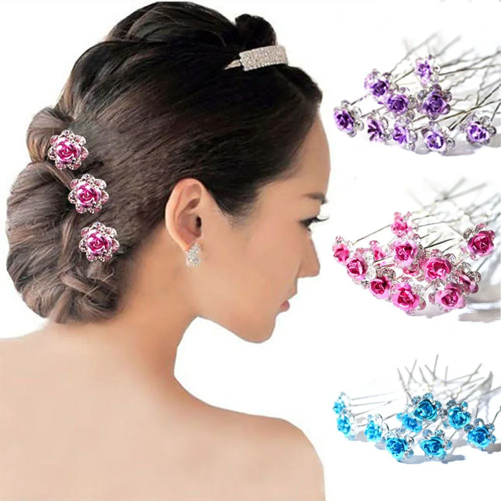 20Pcs/pack Wedding Bridal Clear Crystal Rhinestone Rose Flower Hair Clips Hair Accessories Jewelry Barrettes Headwear for Women