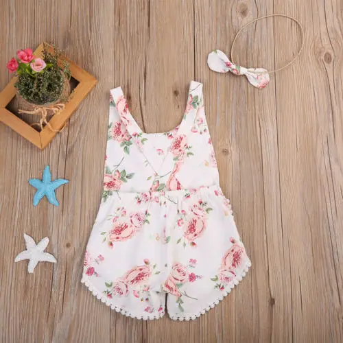 

Newborn Baby Girl Floral Clothes Jumpsuit Romper Sleeveless Backless Cute Headband 2pcs Summer Outfit Clothing Baby Girls 6M-4T