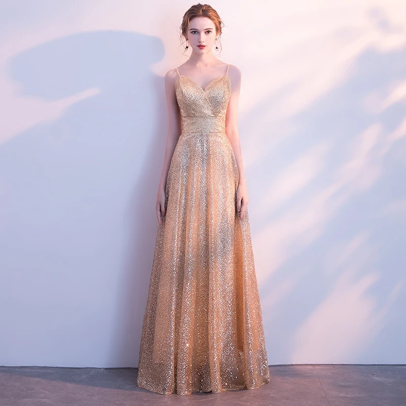 He's Bride Gold New Elegant Evening Dresses V-neck Sleeveless Floor-Length Backless Lace Sexy Prom Party Gown Robe De Soiree | Свадьбы и
