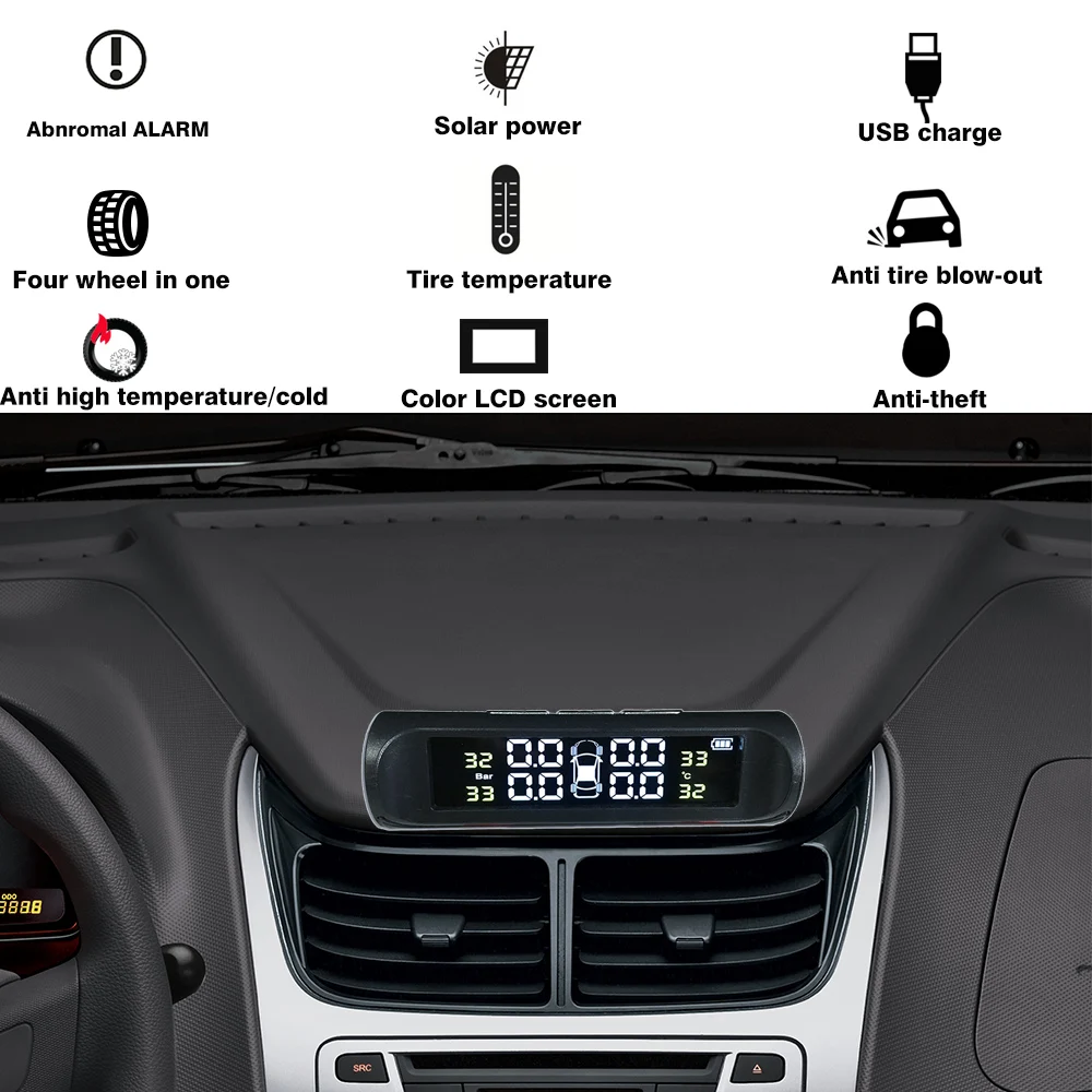 SINOVCLE датчик давления в шинах, система контроля Tpms, Автомобильный дисплей, внутренний/внешний, солнечная энергия, зарядка Предупреждение предупреждение о температуре
