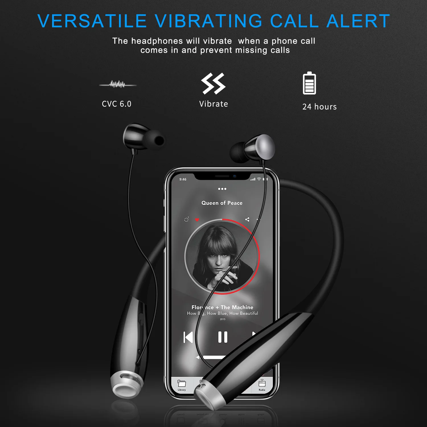 Bluetooth наушники V5.0, Bluetooth наушники с шейным ремешком, вибрация вызова и CVC 6,0, микрофон с шумоподавлением, беспроводная гарнитура для мобильного телефона