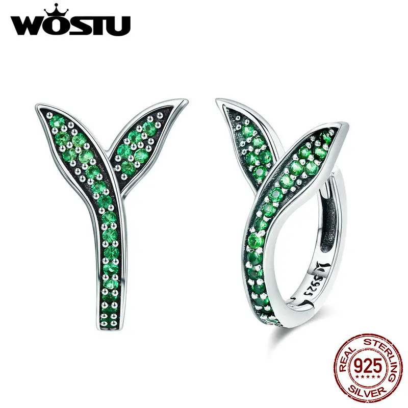 Женские серьги-гвоздики WOSTU из стерлингового серебра 925 пробы с зелеными листьями