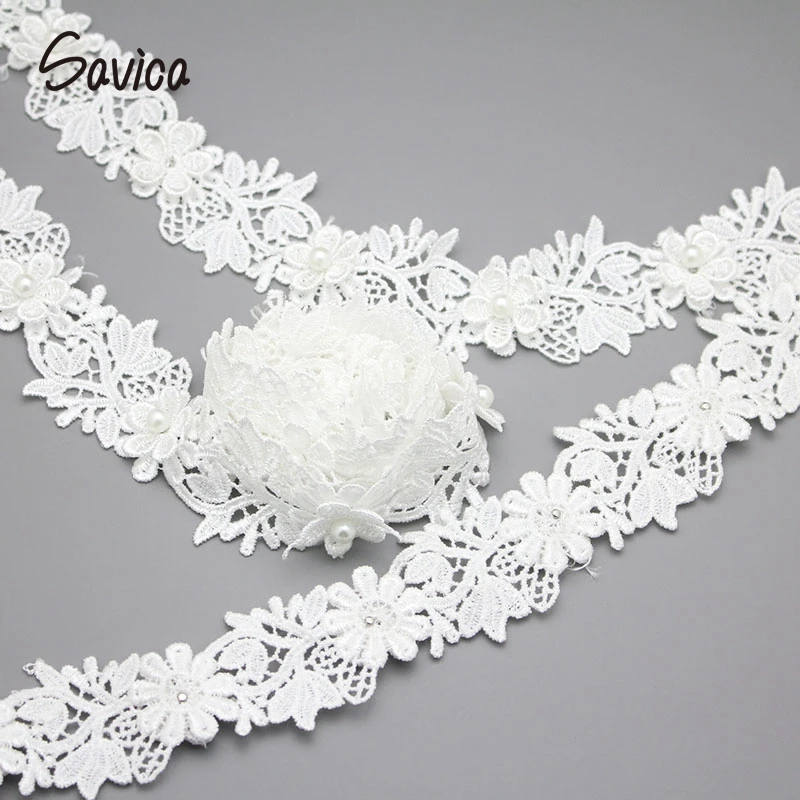 Savica 2y/lot 2cm Pearls Embroidery 3D Flowers Lace Dolls Dress Decor Applique Fabric White Trim Sewing DIY Materials LX191 | Дом и сад