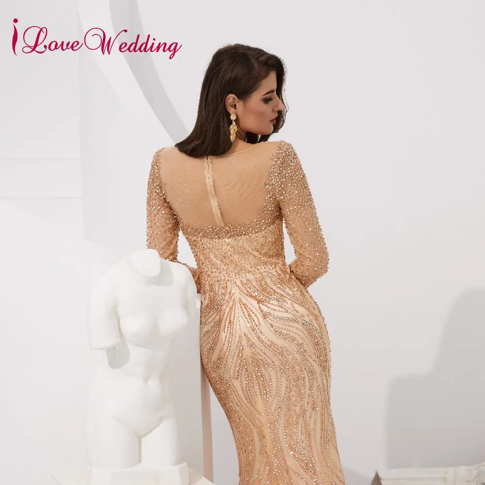 ILoveWedding, роскошное вечернее платье, прозрачное, с хрустальным бисером, с длинным рукавом, на заказ, серое, длинное, официальное, вечернее платье, настоящая фотография