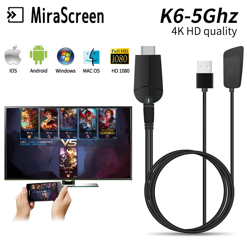Mirascreen k6 ТВ палка ключ двухдиапазонный 2 4/5G 4K HD WiFi Miracast Airplay DLNA 1080P EZCast дисплей