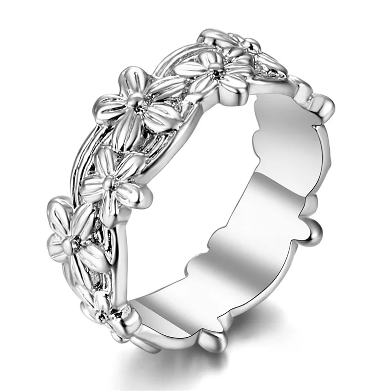 Silver Классическое розовое золото серебро цветок кольцо женская мода Цветок панк кольцо Женская мода ювелирные изделия подарок - Цвет основного камня: Silver