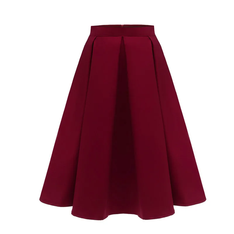 wine red retro skirt Женская бордовая красная плиссированная длинная юбка хлопковая повседневная черная синяя юбка женская s элегантная Высокая талия Женская винтажная миди юбка - Цвет: wine red retro skirt