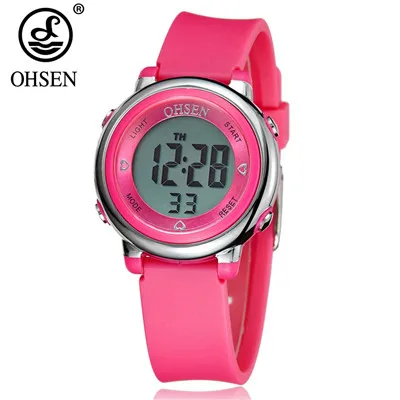Pink Модный бренд OHSEN, цифровые детские наручные часы для мальчиков, детский пластиковый ремешок, водостойкие спортивные часы с будильником, подарок - Цвет: Pink