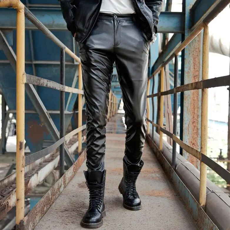 velvet thickening Elasticity fashion motorcycle faux leather pants mens feet pants pu trousers for men pantalon homme black
