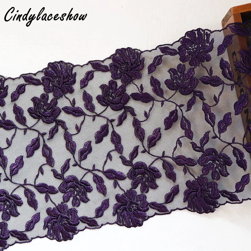 1 метр 17 см ширина Цветочная вышитая кружевная ткань темно фиолетовая отделка